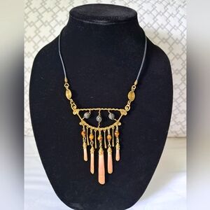 Handmade Artisan Mixed Media Tiger Eye, Coral, Brass, Tribal Bib Necklace